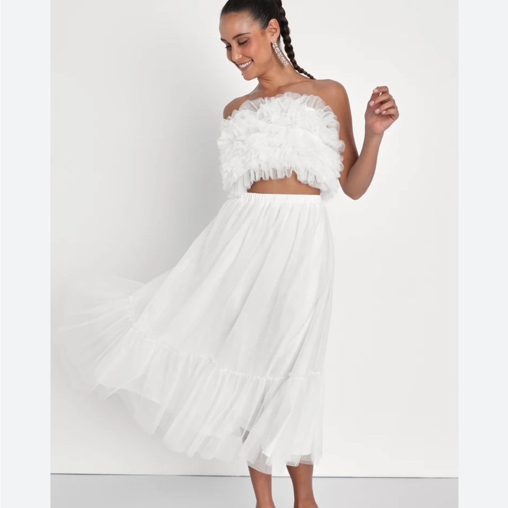 Iconic Perfection White Strapless Tulle Two-Piece Midi Dress